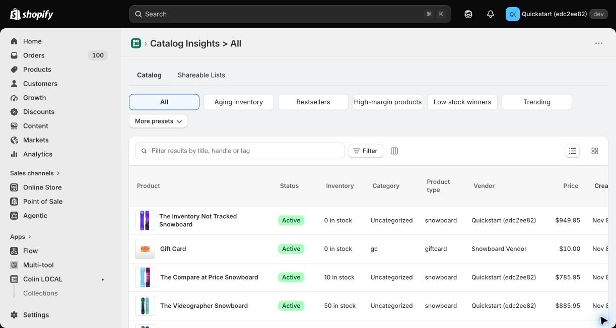 Colin Catalog with product filters, columns, and product performance data